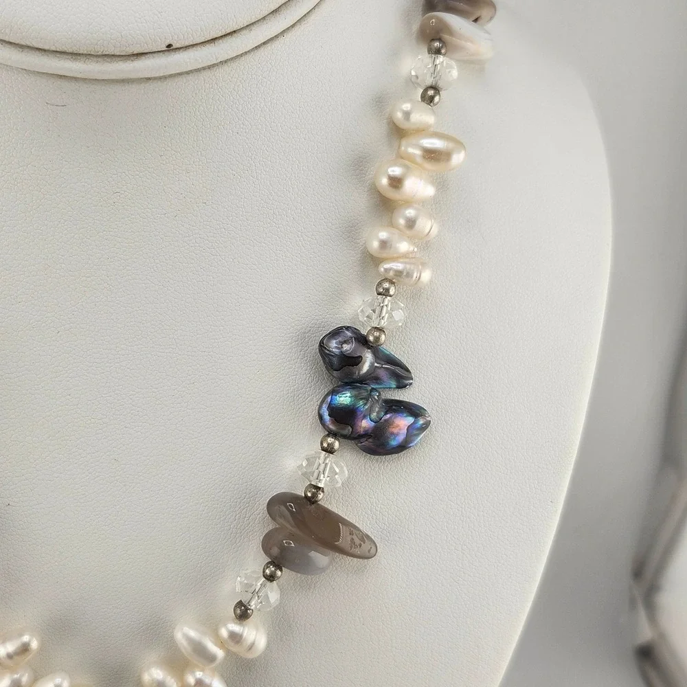 Freshwater Pearl Necklace Gray Flower Crystal‎ Stone Beaded Jewelry